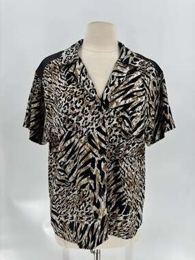 Vintage 90s Jordan Animal Print Blouse Womens 14 Leopard Zebra Button Slit Back